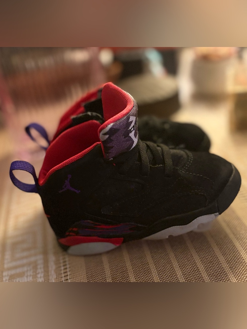 Jordan Kids Black High-Top Sneakers with Purple and Red Accents